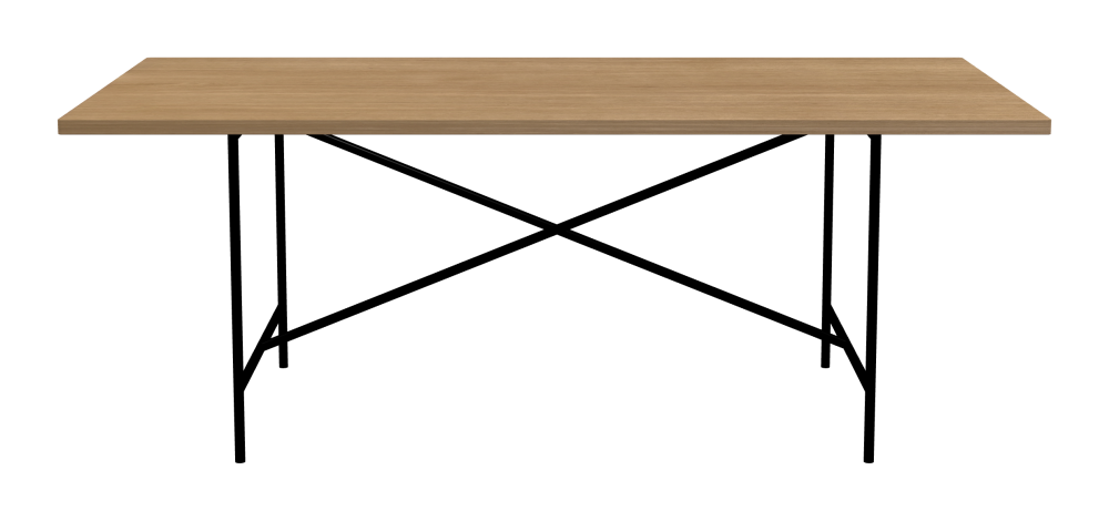 E2 Table - Shape Square - Length 200.00 cm - Width 100.00 cm - Radius 1.00 cm - Thickness 2.9 cm - Surface Wood Veneer, Oak - Core Laminboard - Edge Wood, Oak - Profile Edge 90° / E2 Table Frame - Material and Colour Steel, Jet black (RAL 9005) - Cross bar Centered - Length 135 cm - Width 78 cm - Height 72 cm