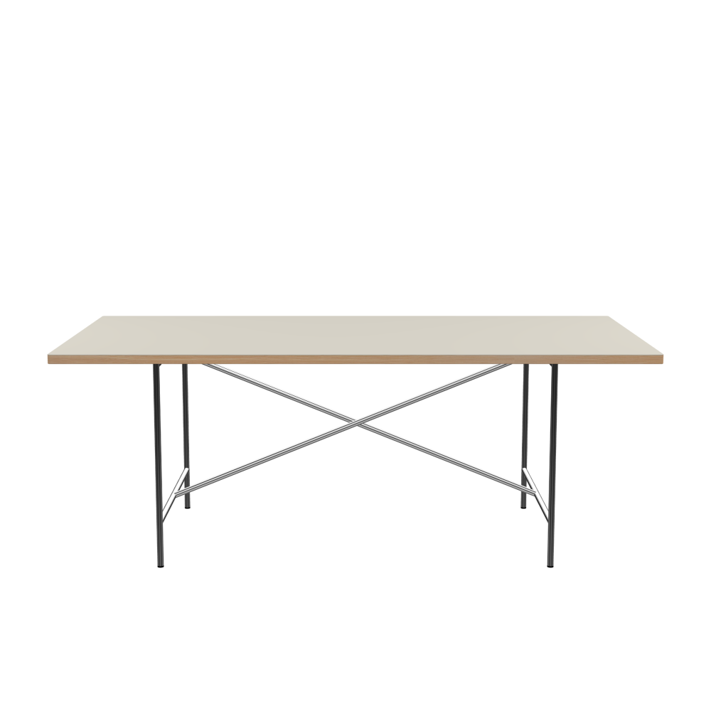 E2 Table - Shape Square - Length 200.00 cm - Width 100.00 cm - Radius 1.00 cm - Thickness 3 cm - Surface Linoleum, 4176 Mushroom - Core Laminboard - Edge Wood, Larch - Profile Edge 90° / E2 Table Frame - Material and Colour Steel, Chrome-plated - Cross bar Centered - Length 135 cm - Width 78 cm - Height 72 cm