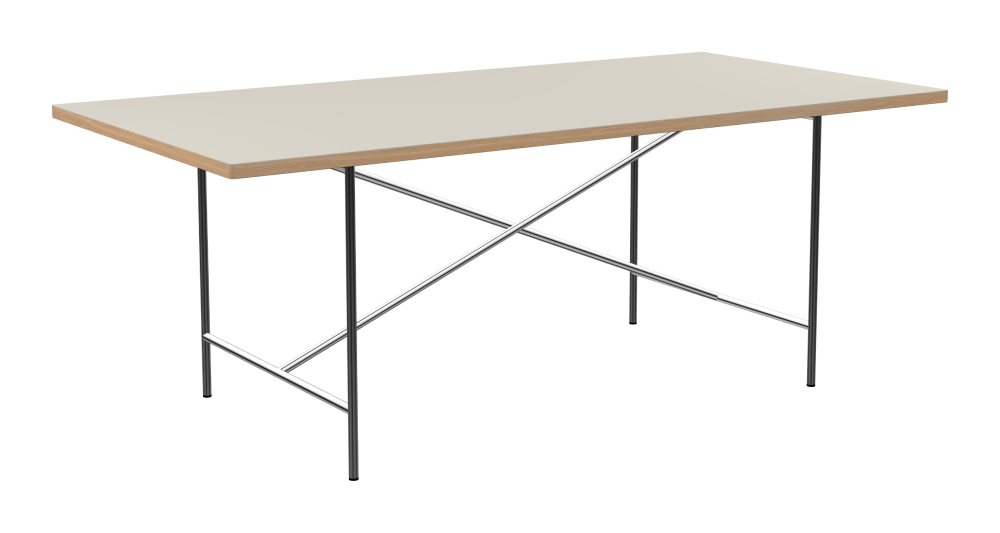 E2 Table - Shape Square - Length 200.00 cm - Width 100.00 cm - Radius 1.00 cm - Thickness 3 cm - Surface Linoleum, 4176 Mushroom - Core Laminboard - Edge Wood, Larch - Profile Edge 90° / E2 Table Frame - Material and Colour Steel, Chrome-plated - Cross bar Centered - Length 135 cm - Width 78 cm - Height 72 cm