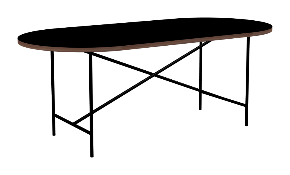 E2 Table - Shape Square - Length 200.00 cm - Width 95.00 cm - Radius 47.50 cm - Thickness 3 cm - Freeform 1.00000000 - Surface Linoleum, 4023 Nero - Core Laminboard - Edge Wood, Walnut - Profile Edge 90° / E2 Table Frame - Material and Colour Steel, Jet black (RAL 9005) - Cross bar Centered - Length 135 cm - Width 60 cm - Height 72 cm