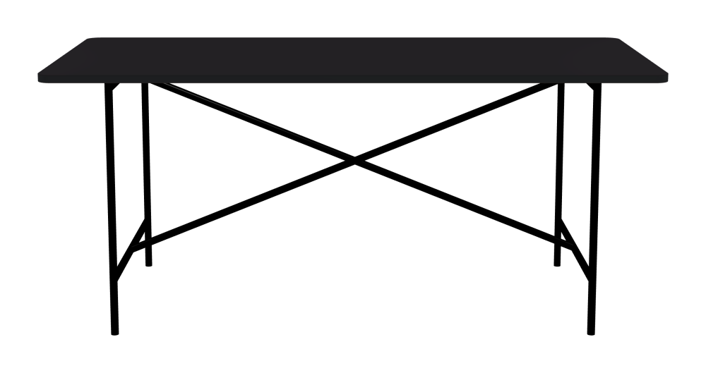 E2 Table - Shape Square - Length 170.00 cm - Width 80.00 cm - Radius 4.00 cm - Thickness 2.1 cm - Freeform 1.00000000 - Surface Linoleum, 4166 Charcoal - Core MDF - Edge MDF, Black - Profile Edge 90° / E2 Table Frame - Material and Colour Steel, Jet black (RAL 9005) - Cross bar Centered - Length 135 cm - Width 70 cm - Height 72 cm