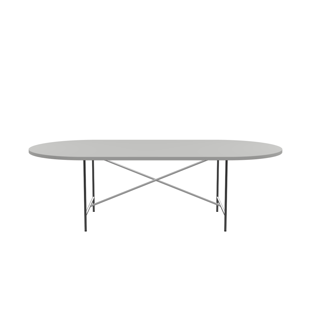 E2 Table - Shape Square - Length 250.00 cm - Width 120.00 cm - Radius 60.00 cm - Thickness 3 cm - Freeform 1.00000000 - Surface Linoleum, 4175 Pebble - Core Laminboard - Edge Linoleum, 4175 Pebble - Profile Edge 90° / E2 Table Frame - Material and Colour Steel, Chrome-plated - Cross bar Centered - Length 135 cm - Width 78 cm - Height 72 cm