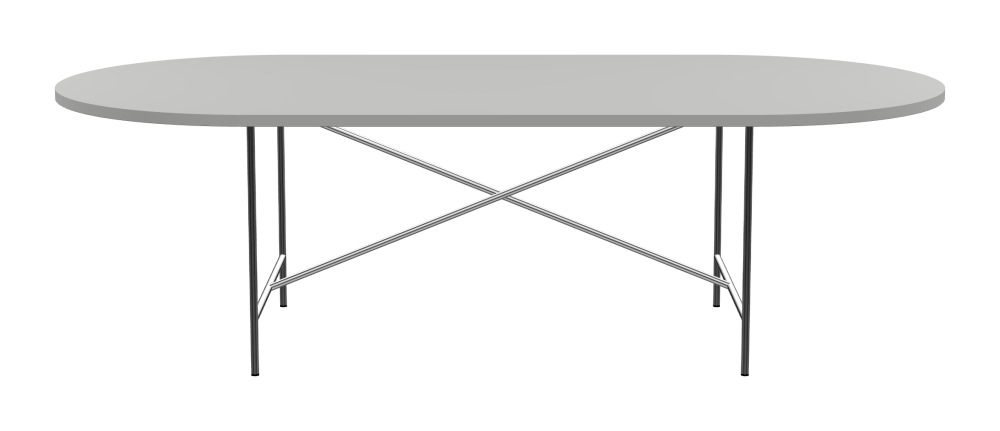 E2 Table - Shape Square - Length 250.00 cm - Width 120.00 cm - Radius 60.00 cm - Thickness 3 cm - Freeform 1.00000000 - Surface Linoleum, 4175 Pebble - Core Laminboard - Edge Linoleum, 4175 Pebble - Profile Edge 90° / E2 Table Frame - Material and Colour Steel, Chrome-plated - Cross bar Centered - Length 135 cm - Width 78 cm - Height 72 cm