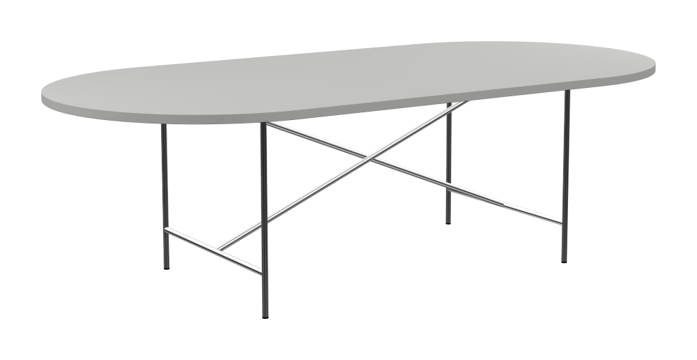 E2 Table - Shape Square - Length 250.00 cm - Width 120.00 cm - Radius 60.00 cm - Thickness 3 cm - Freeform 1.00000000 - Surface Linoleum, 4175 Pebble - Core Laminboard - Edge Linoleum, 4175 Pebble - Profile Edge 90° / E2 Table Frame - Material and Colour Steel, Chrome-plated - Cross bar Centered - Length 135 cm - Width 78 cm - Height 72 cm