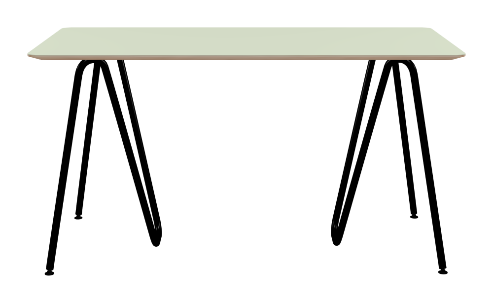 SINUS Table - Shape Square - Length 140,00 cm - Width 70,00 cm - Radius 4,00 cm - Thickness 2 cm - Freeform 1.00000000 - Surface Linoleum, 4183 Pistachio - Core Birch Plywood - Profile Edge 25° / SINUS Trestles - Material and Colour Steel, Powder-coated, Jet black (RAL 9005) - Size M: L 63 × W 36 × H 72 cm