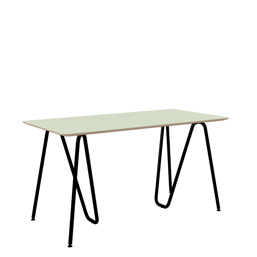 SINUS Table - Shape Square - Length 140,00 cm - Width 70,00 cm - Radius 4,00 cm - Thickness 2 cm - Freeform 1.00000000 - Surface Linoleum, 4183 Pistachio - Core Birch Plywood - Profile Edge 25° / SINUS Trestles - Material and Colour Steel, Powder-coated, Jet black (RAL 9005) - Size M: L 63 × W 36 × H 72 cm