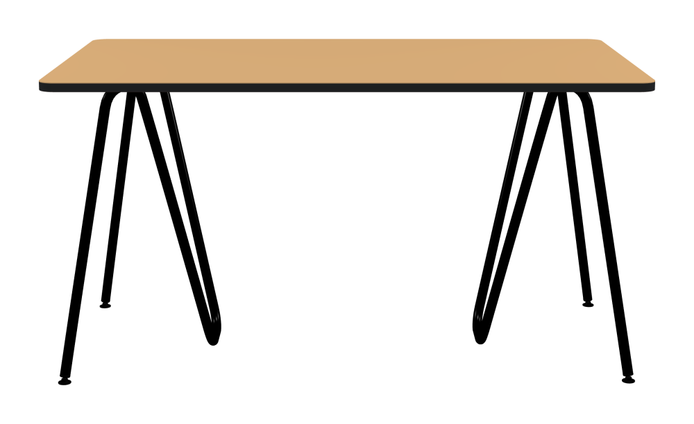 SINUS Table - Shape Square - Length 140,00 cm - Width 80,00 cm - Radius 4,00 cm - Thickness 2.1 cm - Freeform 1.00000000 - Surface Linoleum, 4001 Clay - Core MDF - Edge MDF, Black - Profile Edge 90° / SINUS Trestles - Material and Colour Steel, Powder-coated, Jet black (RAL 9005) - Size M: L 63 × W 36 × H 72 cm