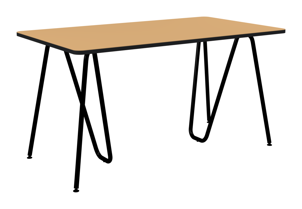 SINUS Table - Shape Square - Length 140,00 cm - Width 80,00 cm - Radius 4,00 cm - Thickness 2.1 cm - Freeform 1.00000000 - Surface Linoleum, 4001 Clay - Core MDF - Edge MDF, Black - Profile Edge 90° / SINUS Trestles - Material and Colour Steel, Powder-coated, Jet black (RAL 9005) - Size M: L 63 × W 36 × H 72 cm