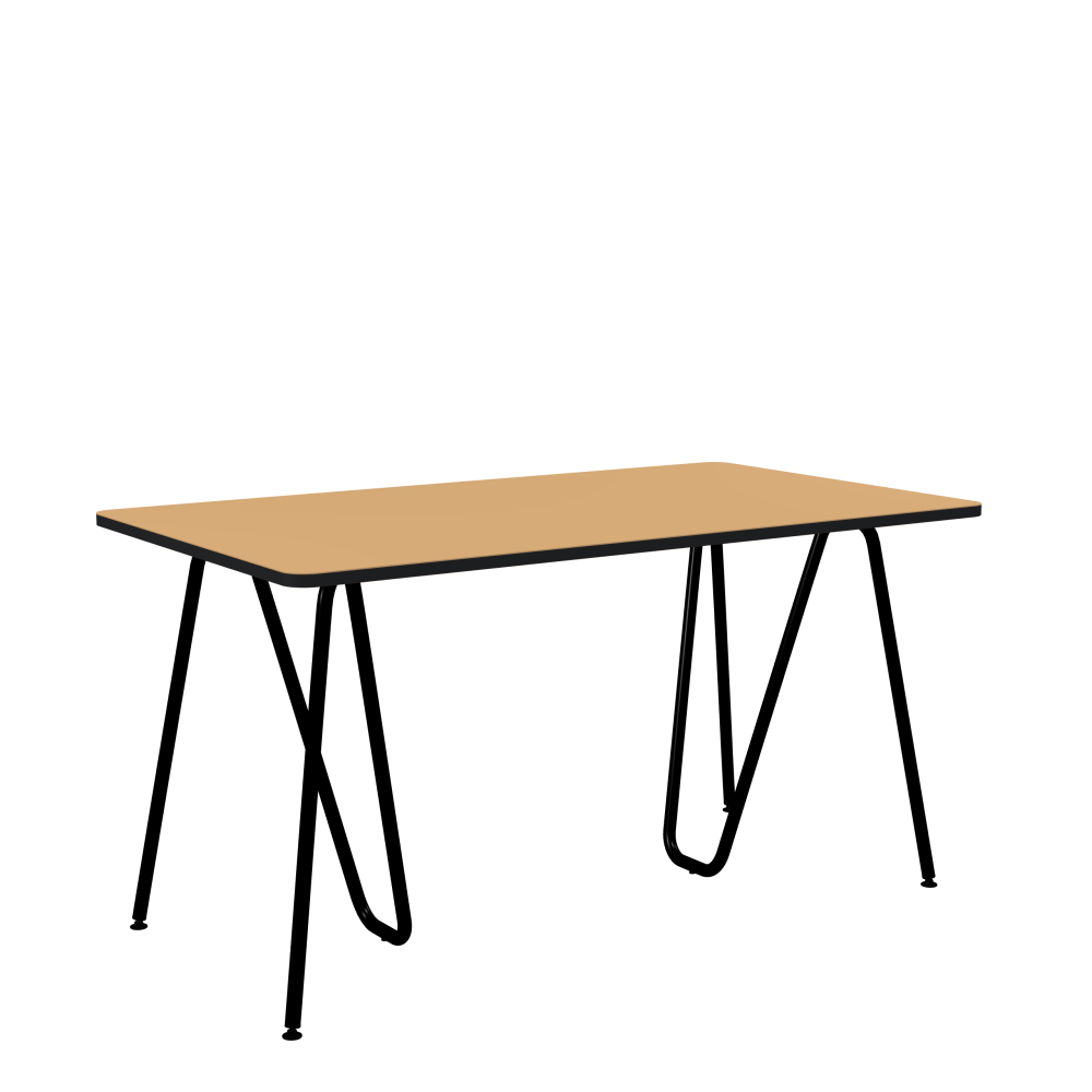 SINUS Table - Shape Square - Length 140,00 cm - Width 80,00 cm - Radius 4,00 cm - Thickness 2.1 cm - Freeform 1.00000000 - Surface Linoleum, 4001 Clay - Core MDF - Edge MDF, Black - Profile Edge 90° / SINUS Trestles - Material and Colour Steel, Powder-coated, Jet black (RAL 9005) - Size M: L 63 × W 36 × H 72 cm