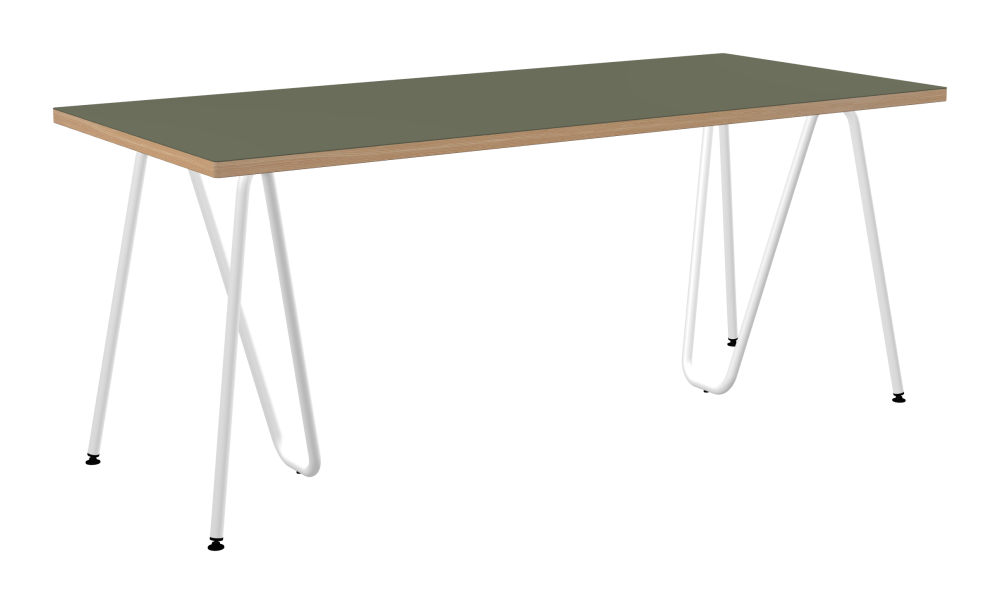 SINUS Table - Shape Square - Length 180,00 cm - Width 80,00 cm - Radius 1,00 cm - Thickness 3 cm - Surface Linoleum, 4184 Olive - Core Laminboard - Edge Wood, Larch - Profile Edge 90° / SINUS Trestles - Material and Colour Steel, Powder-coated, Traffic white (RAL 9016) - Size M: L 63 × W 36 × H 72 cm