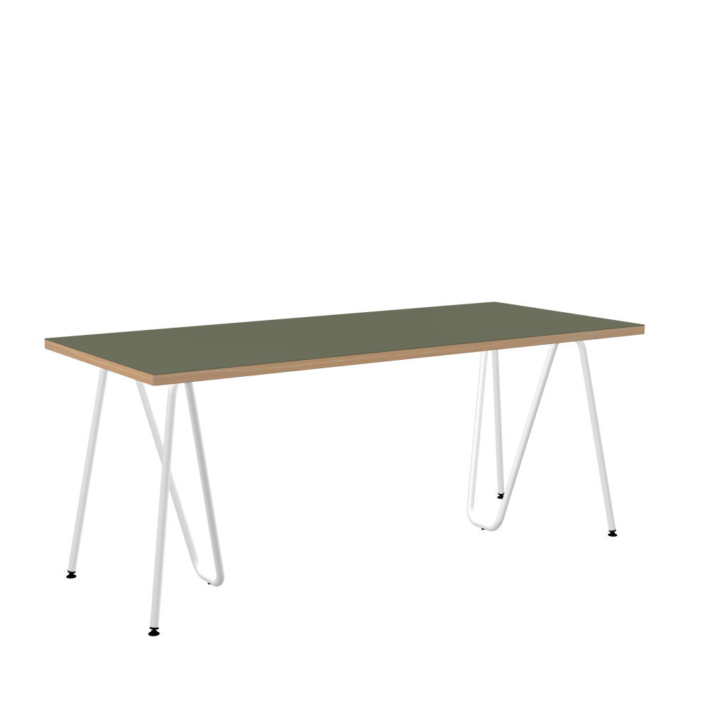SINUS Table - Shape Square - Length 180,00 cm - Width 80,00 cm - Radius 1,00 cm - Thickness 3 cm - Surface Linoleum, 4184 Olive - Core Laminboard - Edge Wood, Larch - Profile Edge 90° / SINUS Trestles - Material and Colour Steel, Powder-coated, Traffic white (RAL 9016) - Size M: L 63 × W 36 × H 72 cm