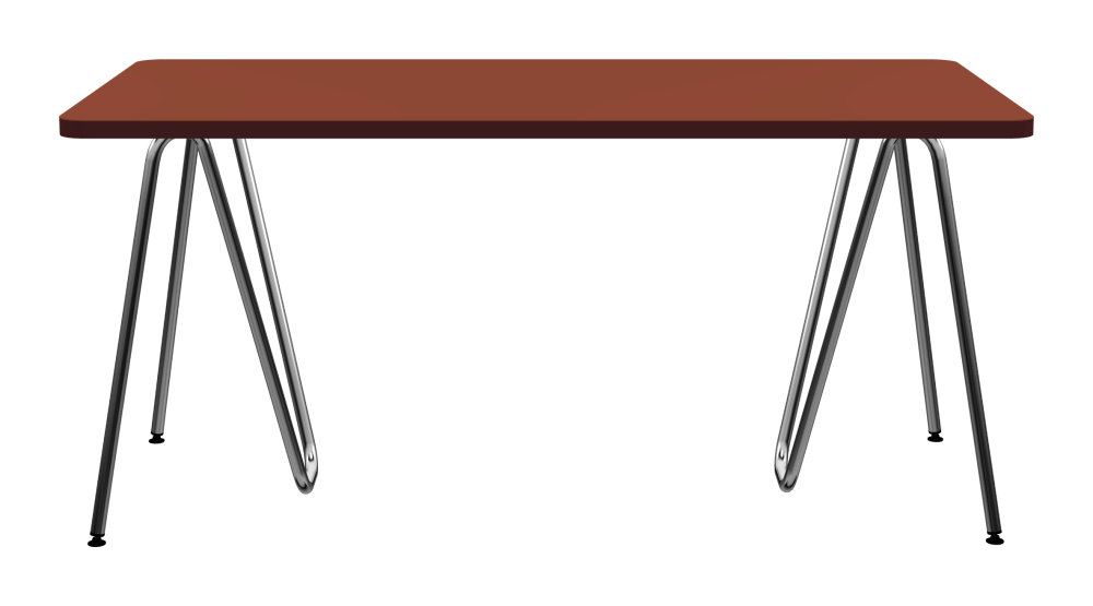SINUS Table - Shape Square - Length 160,00 cm - Width 80,00 cm - Radius 5,00 cm - Thickness 3 cm - Freeform 1.00000000 - Surface Linoleum, 4008 Brick - Core Laminboard - Edge Linoleum, 4154 Burgundy - Profile Edge 90° / SINUS Trestles - Material and Colour Steel, Chrome-plated - Size M: L 63 × W 36 × H 72 cm