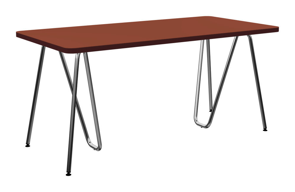 SINUS Table - Shape Square - Length 160,00 cm - Width 80,00 cm - Radius 5,00 cm - Thickness 3 cm - Freeform 1.00000000 - Surface Linoleum, 4008 Brick - Core Laminboard - Edge Linoleum, 4154 Burgundy - Profile Edge 90° / SINUS Trestles - Material and Colour Steel, Chrome-plated - Size M: L 63 × W 36 × H 72 cm