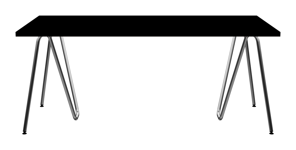 SINUS Table - Shape Square - Length 180,00 cm - Width 90,00 cm - Radius 0,30 cm - Thickness 3 cm - Surface Linoleum, 4023 Nero - Core Laminboard - Edge Linoleum, 4023 Nero - Profile Edge 90° / SINUS Trestles - Material and Colour Steel, Chrome-plated - Size L: L 74 × W 36 × H 72 cm