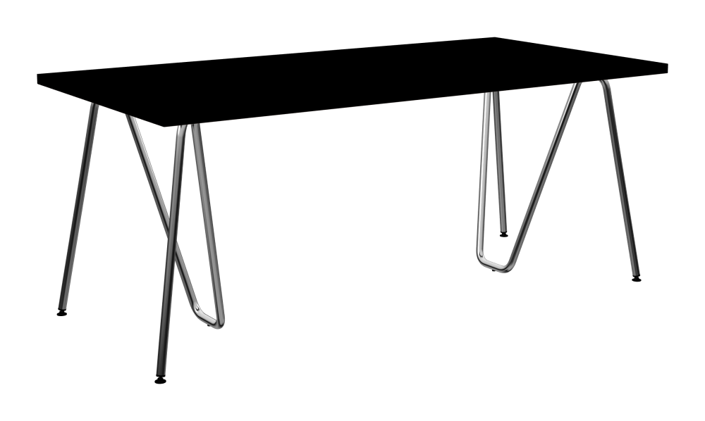 SINUS Table - Shape Square - Length 180,00 cm - Width 90,00 cm - Radius 0,30 cm - Thickness 3 cm - Surface Linoleum, 4023 Nero - Core Laminboard - Edge Linoleum, 4023 Nero - Profile Edge 90° / SINUS Trestles - Material and Colour Steel, Chrome-plated - Size L: L 74 × W 36 × H 72 cm