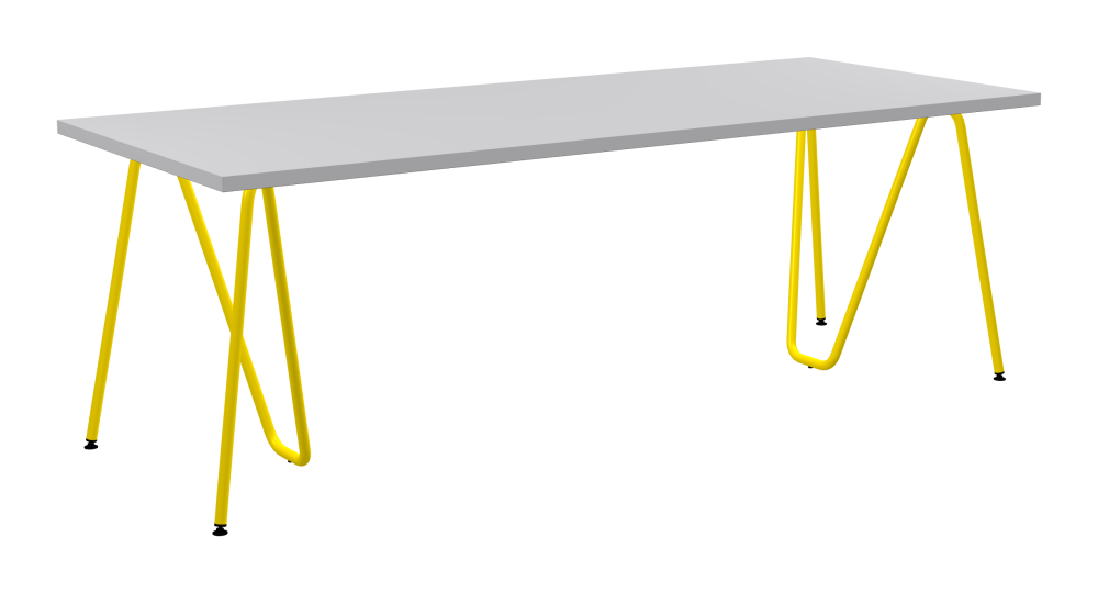 SINUS Table - Shape Square - Length 220,00 cm - Width 90,00 cm - Radius 0,30 cm - Thickness 3 cm - Surface Linoleum, 4177 Vapour - Core Laminboard - Edge Linoleum, 4177 Vapour - Profile Edge 90° / SINUS Trestles - Material and Colour Steel, Powder-coated, Zinc yellow (RAL 1018) - Size L: L 74 × W 36 × H 72 cm