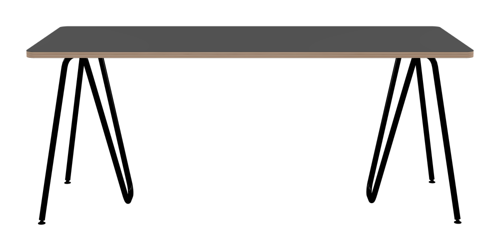 SINUS Table - Shape Square - Length 180,00 cm - Width 80,00 cm - Radius 4,00 cm - Thickness 2.6 cm - Freeform 1.00000000 - Surface Linoleum, 4012 Basalt - Core Birch Plywood - Profile Edge 90° / SINUS Trestles - Material and Colour Steel, Powder-coated, Jet black (RAL 9005) - Size M: L 63 × W 36 × H 72 cm