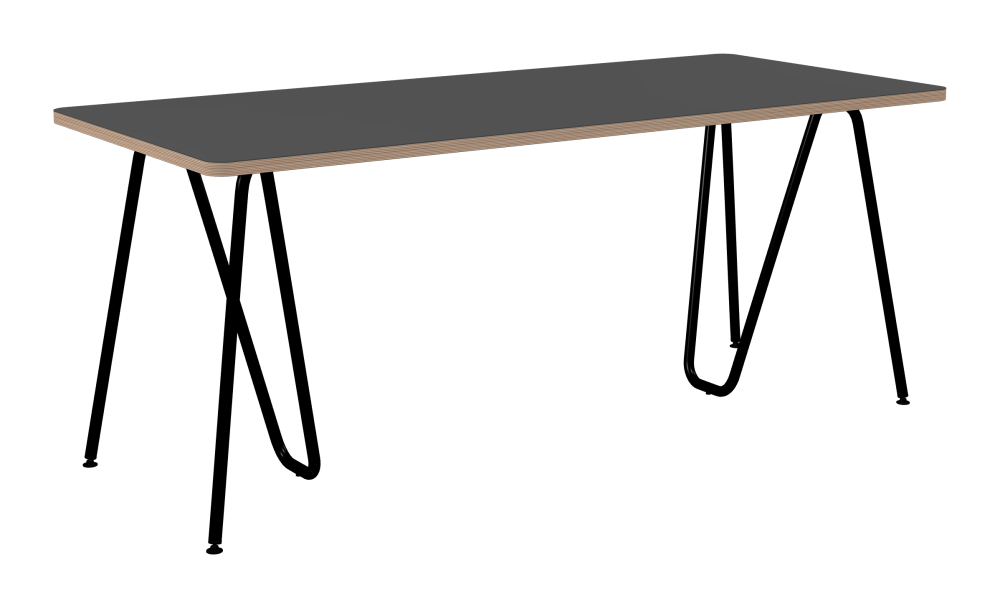 SINUS Table - Shape Square - Length 180,00 cm - Width 80,00 cm - Radius 4,00 cm - Thickness 2.6 cm - Freeform 1.00000000 - Surface Linoleum, 4012 Basalt - Core Birch Plywood - Profile Edge 90° / SINUS Trestles - Material and Colour Steel, Powder-coated, Jet black (RAL 9005) - Size M: L 63 × W 36 × H 72 cm