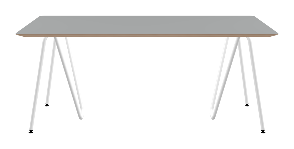 SINUS Table - Shape Square - Length 180,00 cm - Width 100,00 cm - Radius 4,00 cm - Thickness 2.6 cm - Freeform 1.00000000 - Surface Linoleum, 4132 Ash - Core Birch Plywood - Profile Edge 25° / SINUS Trestles - Material and Colour Steel, Powder-coated, Traffic white (RAL 9016) - Size L: L 74 × W 36 × H 72 cm