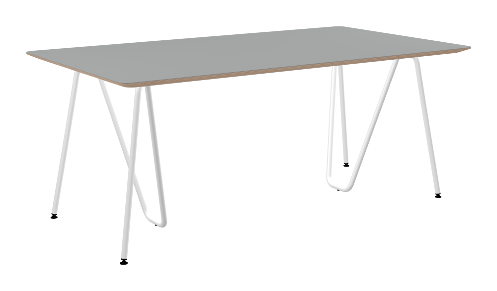 SINUS Table - Shape Square - Length 180,00 cm - Width 100,00 cm - Radius 4,00 cm - Thickness 2.6 cm - Freeform 1.00000000 - Surface Linoleum, 4132 Ash - Core Birch Plywood - Profile Edge 25° / SINUS Trestles - Material and Colour Steel, Powder-coated, Traffic white (RAL 9016) - Size L: L 74 × W 36 × H 72 cm