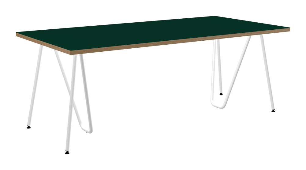 SINUS Table - Shape Square - Length 200,00 cm - Width 100,00 cm - Radius 1,00 cm - Thickness 3 cm - Surface Linoleum, 4174 Conifer - Core Laminboard - Edge Wood, Oak - Profile Edge 90° / SINUS Trestles - Material and Colour Steel, Powder-coated, Traffic white (RAL 9016) - Size L: L 74 × W 36 × H 72 cm
