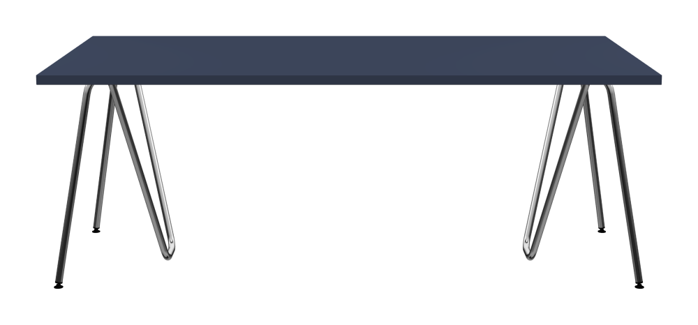 SINUS Table - Shape Square - Length 200,00 cm - Width 100,00 cm - Radius 0,30 cm - Thickness 3 cm - Surface Linoleum, 4179 Smokey Blue - Core Laminboard - Edge Linoleum, 4179 Smokey Blue - Profile Edge 90° / SINUS Trestles - Material and Colour Steel, Chrome-plated - Size L: L 74 × W 36 × H 72 cm
