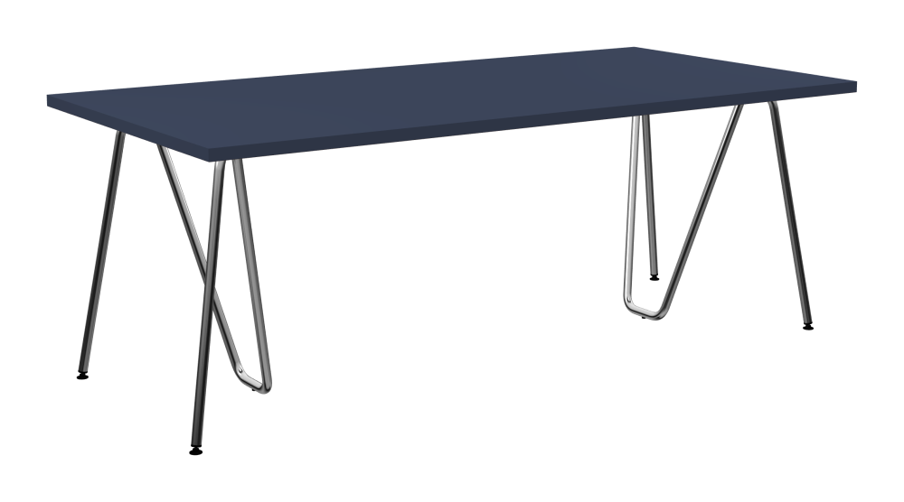 SINUS Table - Shape Square - Length 200,00 cm - Width 100,00 cm - Radius 0,30 cm - Thickness 3 cm - Surface Linoleum, 4179 Smokey Blue - Core Laminboard - Edge Linoleum, 4179 Smokey Blue - Profile Edge 90° / SINUS Trestles - Material and Colour Steel, Chrome-plated - Size L: L 74 × W 36 × H 72 cm