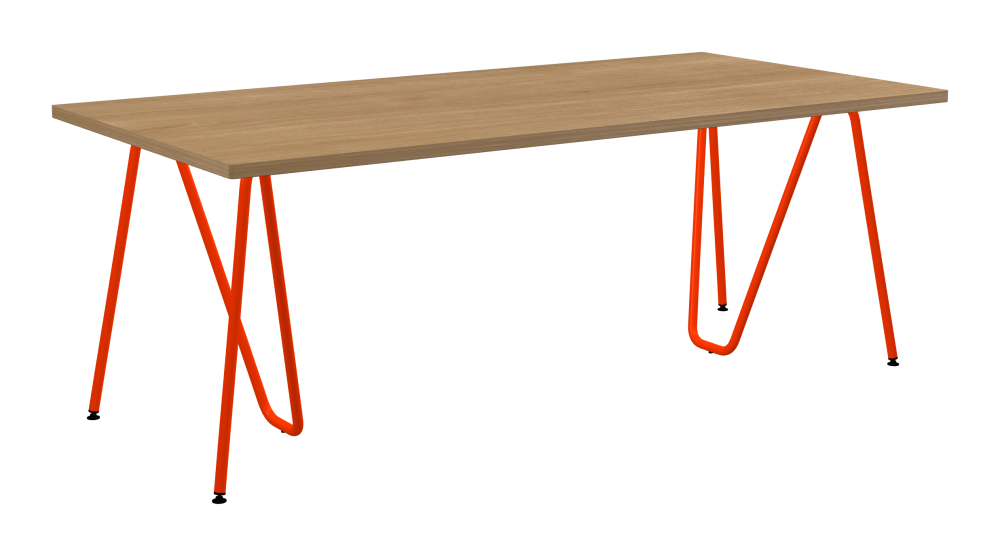 SINUS Table - Shape Square - Length 200,00 cm - Width 100,00 cm - Radius 1,00 cm - Thickness 2.9 cm - Surface Wood Veneer, Oak - Core Laminboard - Edge Wood, Oak - Profile Edge 90° / SINUS Trestles - Material and Colour Steel, Powder-coated, Blood orange (RAL 2002) - Size L: L 74 × W 36 × H 72 cm