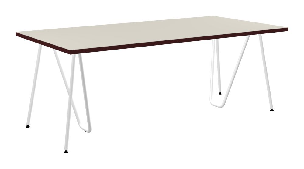 SINUS Table - Shape Square - Length 200.00 cm - Width 100.00 cm - Radius 0.30 cm - Thickness 3 cm - Surface Linoleum, 4176 Mushroom - Core Laminboard - Edge Linoleum, 4154 Burgundy - Profile Edge 90° / SINUS Trestles - Material and Colour Steel, Powder-coated, Traffic white (RAL 9016) - Size L: L 74 × W 36 × H 72 cm