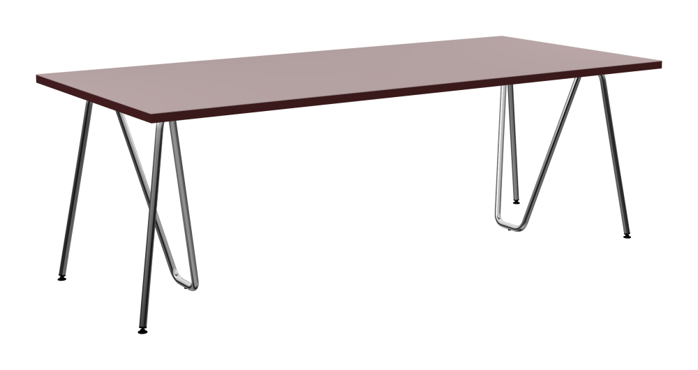 SINUS Table - Shape Square - Length 220,00 cm - Width 100,00 cm - Radius 0,30 cm - Thickness 3 cm - Surface Linoleum, 4010 Soft Lilac - Core Laminboard - Edge Linoleum, 4154 Burgundy - Profile Edge 90° / SINUS Trestles - Material and Colour Steel, Chrome-plated - Size L: L 74 × W 36 × H 72 cm