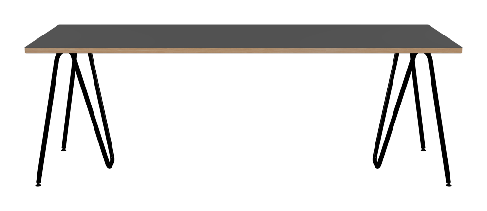 SINUS Table - Shape Square - Length 220,00 cm - Width 90,00 cm - Radius 1,00 cm - Thickness 3 cm - Surface Linoleum, 4012 Basalt - Core Laminboard - Edge Wood, Larch - Profile Edge 90° / SINUS Trestles - Material and Colour Steel, Powder-coated, Jet black (RAL 9005) - Size L: L 74 × W 36 × H 72 cm