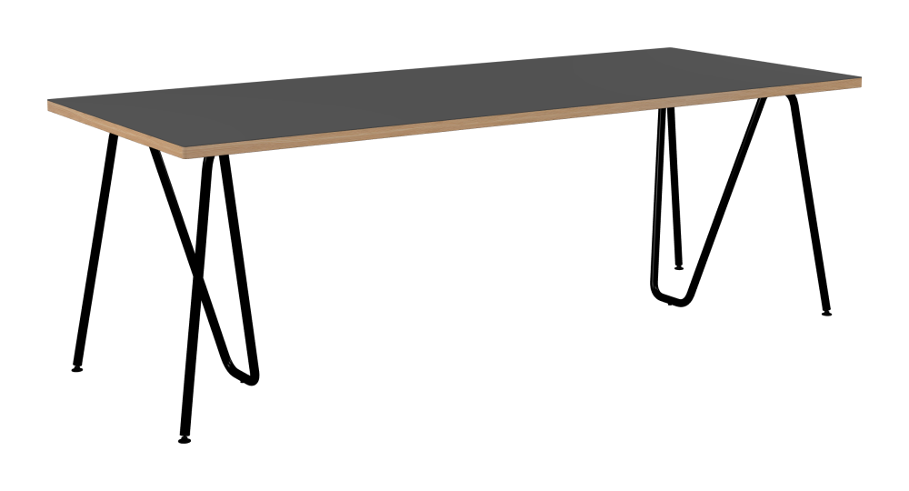 SINUS Table - Shape Square - Length 220,00 cm - Width 90,00 cm - Radius 1,00 cm - Thickness 3 cm - Surface Linoleum, 4012 Basalt - Core Laminboard - Edge Wood, Larch - Profile Edge 90° / SINUS Trestles - Material and Colour Steel, Powder-coated, Jet black (RAL 9005) - Size L: L 74 × W 36 × H 72 cm