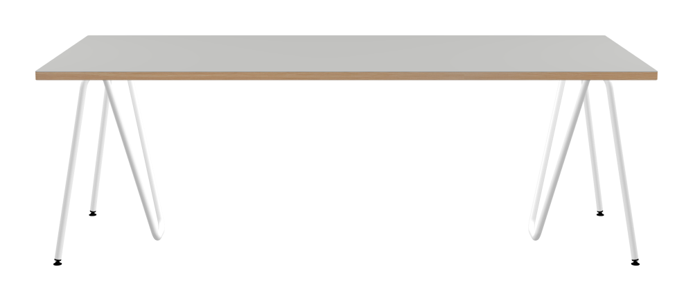 SINUS Table - Shape Square - Length 220,00 cm - Width 100,00 cm - Radius 1,00 cm - Thickness 3 cm - Surface Linoleum, 4175 Pebble - Core Laminboard - Edge Wood, Larch - Profile Edge 90° / SINUS Trestles - Material and Colour Steel, Powder-coated, Traffic white (RAL 9016) - Size L: L 74 × W 36 × H 72 cm