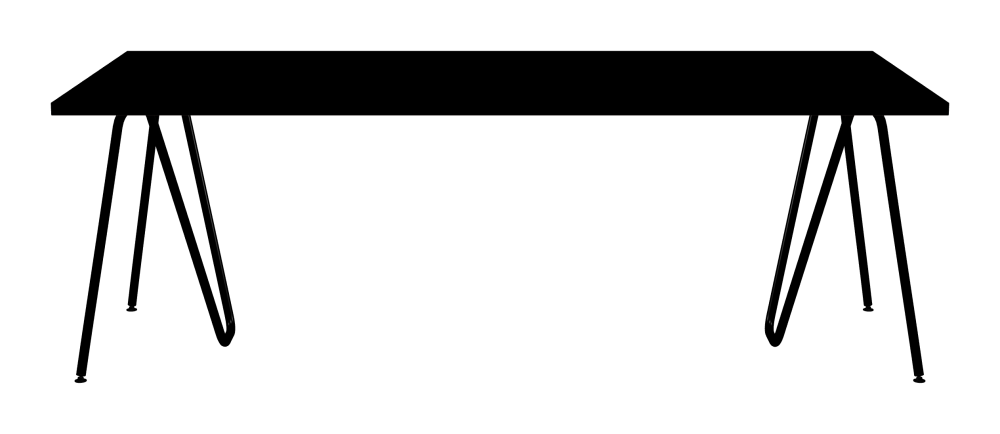 SINUS Table - Shape Square - Length 220,00 cm - Width 100,00 cm - Radius 0,30 cm - Thickness 3 cm - Surface Linoleum, 4023 Nero - Core Laminboard - Edge Linoleum, 4023 Nero - Profile Edge 90° / SINUS Trestles - Material and Colour Steel, Powder-coated, Jet black (RAL 9005) - Size L: L 74 × W 36 × H 72 cm