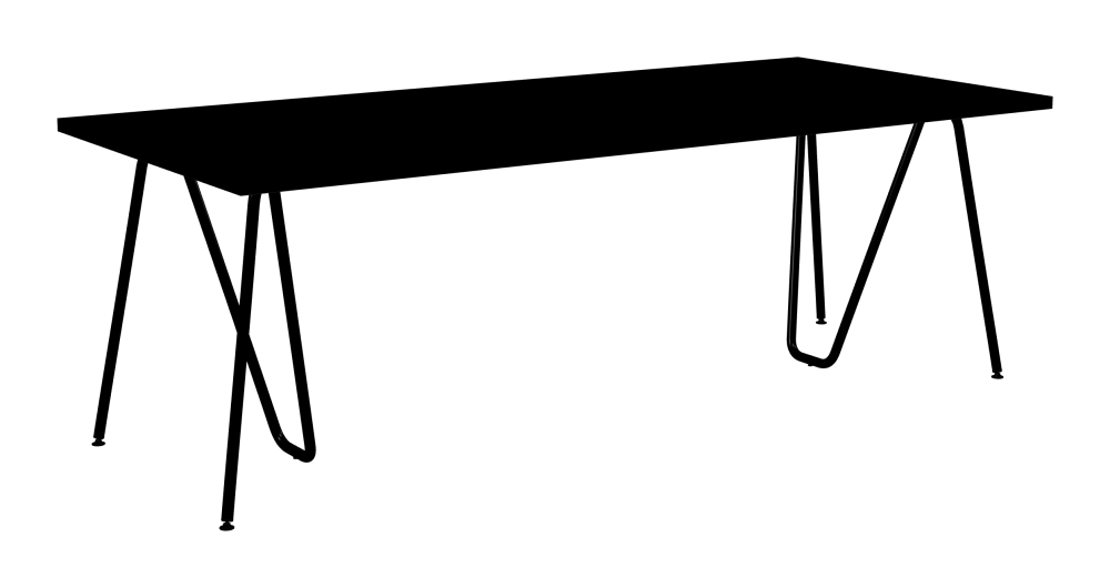 SINUS Table - Shape Square - Length 220,00 cm - Width 100,00 cm - Radius 0,30 cm - Thickness 3 cm - Surface Linoleum, 4023 Nero - Core Laminboard - Edge Linoleum, 4023 Nero - Profile Edge 90° / SINUS Trestles - Material and Colour Steel, Powder-coated, Jet black (RAL 9005) - Size L: L 74 × W 36 × H 72 cm