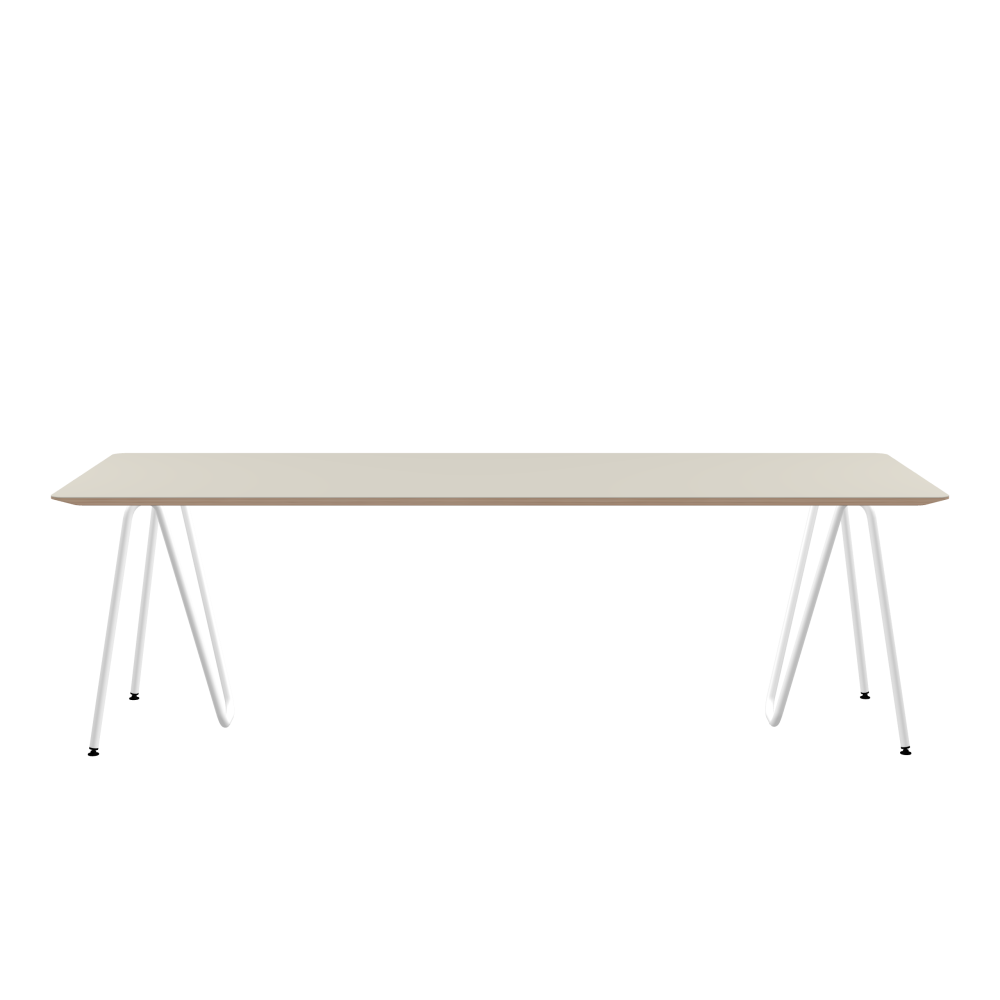 SINUS Tisch - Form Eckig - Länge 240,00 cm - Tiefe 90,00 cm - Radius 4,00 cm - Stärke 2,9 cm - Freiformfläche 1.00000000 - Oberseite Linoleum, 4176 Mushroom - Kern Multiplex Birke - Kantenschräge 25° / SINUS Tischböcke - Material und Farbe Stahl, Pulverbeschichtet, Verkehrsweiß (RAL 9016) - Größe M: L 63 × B 36 × H 72 cm