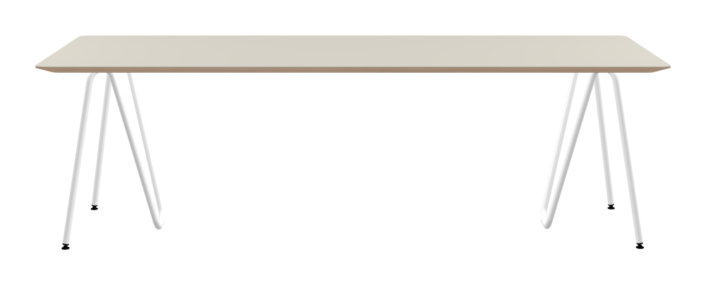 SINUS Table - Shape Square - Length 240,00 cm - Width 90,00 cm - Radius 4,00 cm - Thickness 2.9 cm - Freeform 1.00000000 - Surface Linoleum, 4176 Mushroom - Core Birch Plywood - Profile Edge 25° / SINUS Trestles - Material and Colour Steel, Powder-coated, Traffic white (RAL 9016) - Size M: L 63 × W 36 × H 72 cm