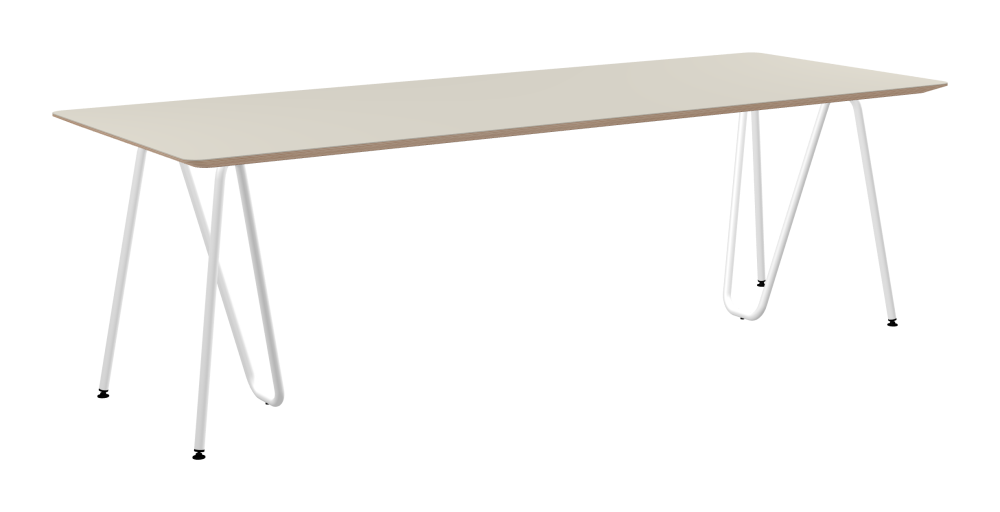 SINUS Table - Shape Square - Length 240,00 cm - Width 90,00 cm - Radius 4,00 cm - Thickness 2.9 cm - Freeform 1.00000000 - Surface Linoleum, 4176 Mushroom - Core Birch Plywood - Profile Edge 25° / SINUS Trestles - Material and Colour Steel, Powder-coated, Traffic white (RAL 9016) - Size M: L 63 × W 36 × H 72 cm