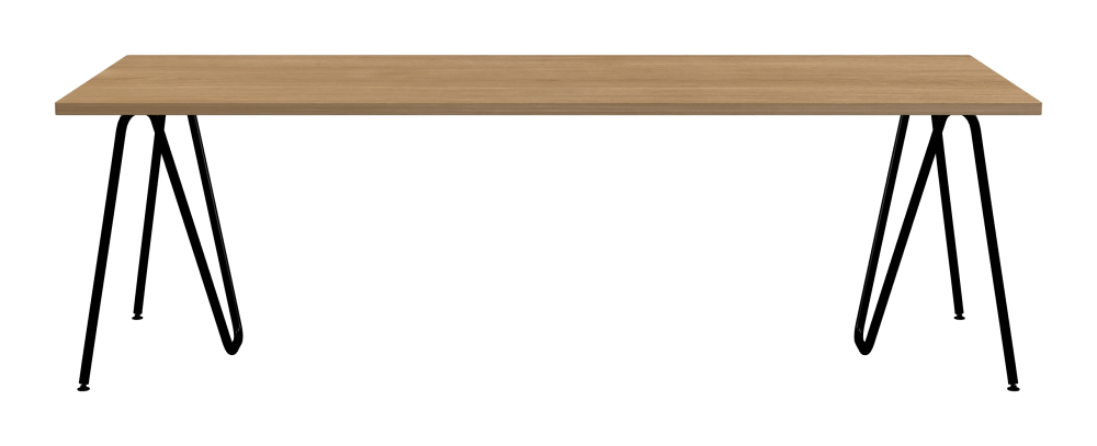 SINUS Table - Shape Square - Length 240,00 cm - Width 90,00 cm - Radius 1,00 cm - Thickness 2.9 cm - Surface Wood Veneer, Oak - Core Laminboard - Edge Wood, Oak - Profile Edge 90° / SINUS Trestles - Material and Colour Steel, Powder-coated, Jet black (RAL 9005) - Size L: L 74 × W 36 × H 72 cm