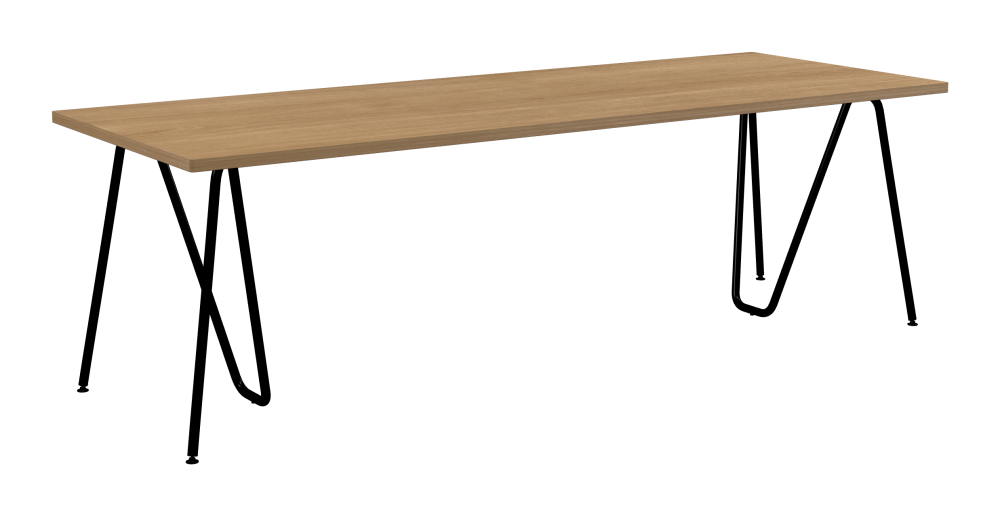 SINUS Table - Shape Square - Length 240,00 cm - Width 90,00 cm - Radius 1,00 cm - Thickness 2.9 cm - Surface Wood Veneer, Oak - Core Laminboard - Edge Wood, Oak - Profile Edge 90° / SINUS Trestles - Material and Colour Steel, Powder-coated, Jet black (RAL 9005) - Size L: L 74 × W 36 × H 72 cm