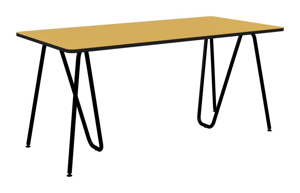 SINUS Table - Shape Square - Length 160,00 cm - Width 80,00 cm - Radius 4,00 cm - Thickness 2.1 cm - Freeform 1.00000000 - Surface Linoleum, S588 Pure Linoleum - Core MDF - Edge MDF, Black - Profile Edge 90° / SINUS Trestles - Material and Colour Steel, Powder-coated, Jet black (RAL 9005) - Size M: L 63 × W 36 × H 72 cm