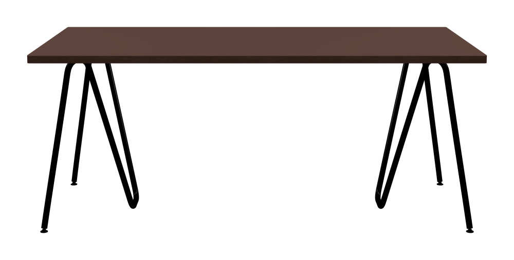 SINUS Table - Shape Square - Length 180,00 cm - Width 90,00 cm - Radius 1,00 cm - Thickness 3 cm - Surface Linoleum, 4009 Espresso - Core Laminboard - Edge Wood, Fumed Oak - Profile Edge 90° / SINUS Trestles - Material and Colour Steel, Powder-coated, Jet black (RAL 9005) - Size L: L 74 × W 36 × H 72 cm