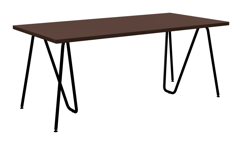 SINUS Table - Shape Square - Length 180,00 cm - Width 90,00 cm - Radius 1,00 cm - Thickness 3 cm - Surface Linoleum, 4009 Espresso - Core Laminboard - Edge Wood, Fumed Oak - Profile Edge 90° / SINUS Trestles - Material and Colour Steel, Powder-coated, Jet black (RAL 9005) - Size L: L 74 × W 36 × H 72 cm