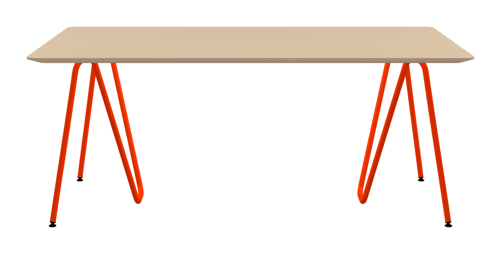 SINUS Table - Shape Square - Length 180,00 cm - Width 100,00 cm - Radius 4,00 cm - Thickness 2.6 cm - Freeform 1.00000000 - Surface Linoleum, 4007 Macadamia - Core Birch Plywood - Profile Edge 25° / SINUS Trestles - Material and Colour Steel, Powder-coated, Blood orange (RAL 2002) - Size L: L 74 × W 36 × H 72 cm