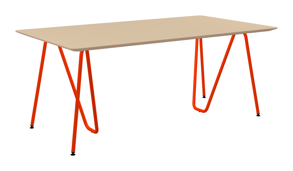SINUS Table - Shape Square - Length 180,00 cm - Width 100,00 cm - Radius 4,00 cm - Thickness 2.6 cm - Freeform 1.00000000 - Surface Linoleum, 4007 Macadamia - Core Birch Plywood - Profile Edge 25° / SINUS Trestles - Material and Colour Steel, Powder-coated, Blood orange (RAL 2002) - Size L: L 74 × W 36 × H 72 cm