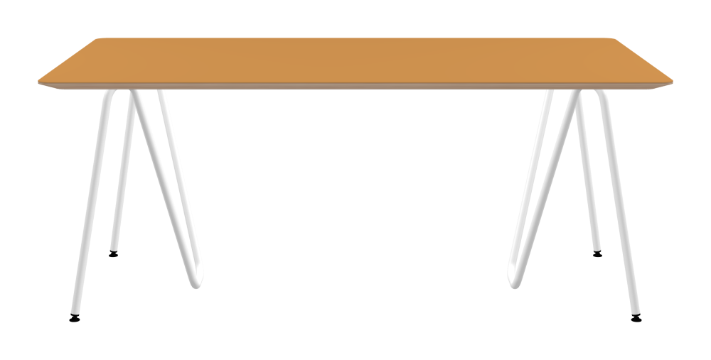 SINUS Table - Shape Square - Length 180,00 cm - Width 100,00 cm - Radius 4,00 cm - Thickness 2.6 cm - Freeform 1.00000000 - Surface Linoleum, 4002 Leather - Core Birch Plywood - Profile Edge 25° / SINUS Trestles - Material and Colour Steel, Powder-coated, Traffic white (RAL 9016) - Size L: L 74 × W 36 × H 72 cm