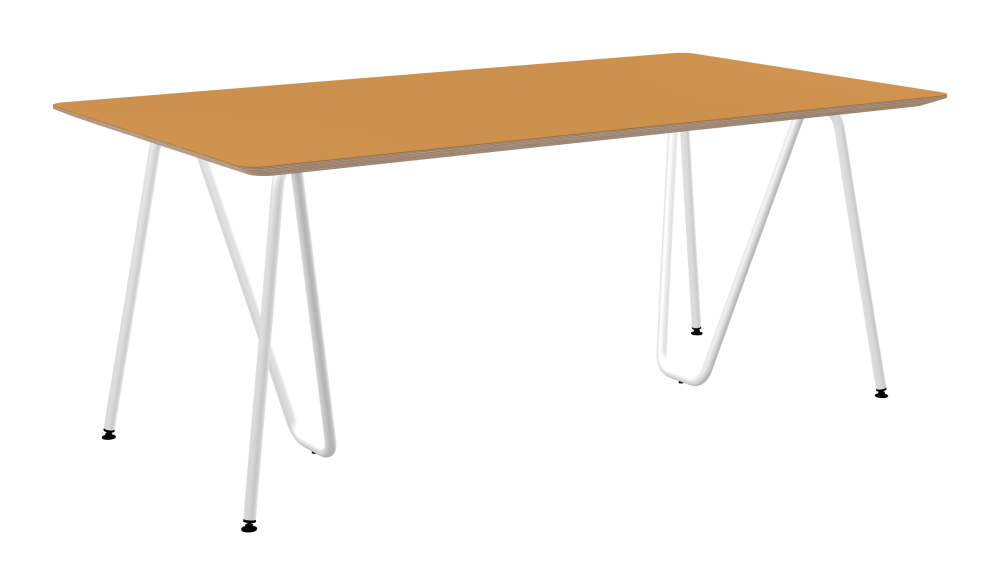 SINUS Table - Shape Square - Length 180,00 cm - Width 100,00 cm - Radius 4,00 cm - Thickness 2.6 cm - Freeform 1.00000000 - Surface Linoleum, 4002 Leather - Core Birch Plywood - Profile Edge 25° / SINUS Trestles - Material and Colour Steel, Powder-coated, Traffic white (RAL 9016) - Size L: L 74 × W 36 × H 72 cm