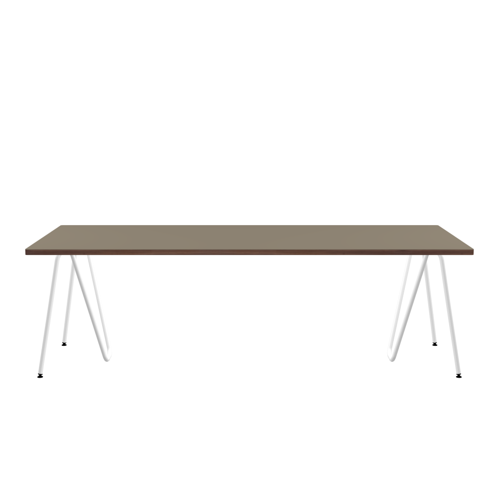 SINUS Tisch - Form Eckig - Länge 240,00 cm - Tiefe 100,00 cm - Radius 1,00 cm - Stärke 3 cm - Oberseite Linoleum, 4011 Taupe - Kern Stäbchenplatte - Kante Holz, Walnuß - Kantenschräge 90° / SINUS Tischböcke - Material und Farbe Stahl, Pulverbeschichtet, Verkehrsweiß (RAL 9016) - Größe L: L 74 × B 36 × H 72 cm