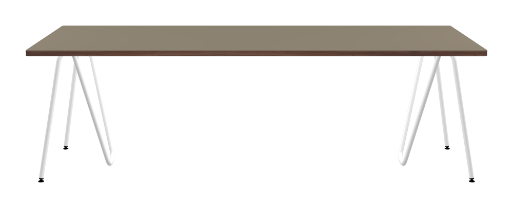 SINUS Table - Shape Square - Length 240,00 cm - Width 100,00 cm - Radius 1,00 cm - Thickness 3 cm - Surface Linoleum, 4011 Taupe - Core Laminboard - Edge Wood, Walnut - Profile Edge 90° / SINUS Trestles - Material and Colour Steel, Powder-coated, Traffic white (RAL 9016) - Size L: L 74 × W 36 × H 72 cm