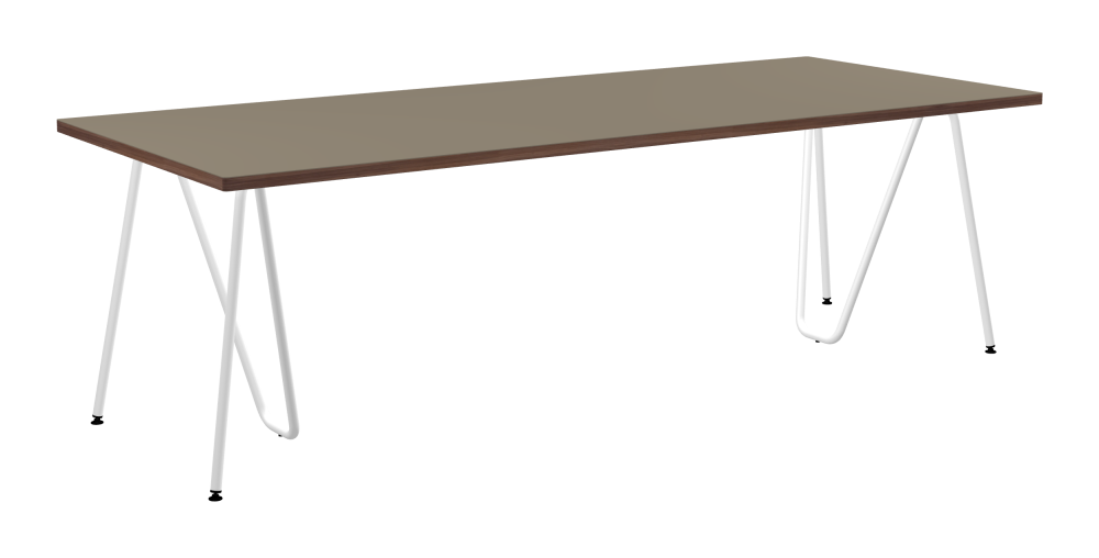 SINUS Table - Shape Square - Length 240,00 cm - Width 100,00 cm - Radius 1,00 cm - Thickness 3 cm - Surface Linoleum, 4011 Taupe - Core Laminboard - Edge Wood, Walnut - Profile Edge 90° / SINUS Trestles - Material and Colour Steel, Powder-coated, Traffic white (RAL 9016) - Size L: L 74 × W 36 × H 72 cm